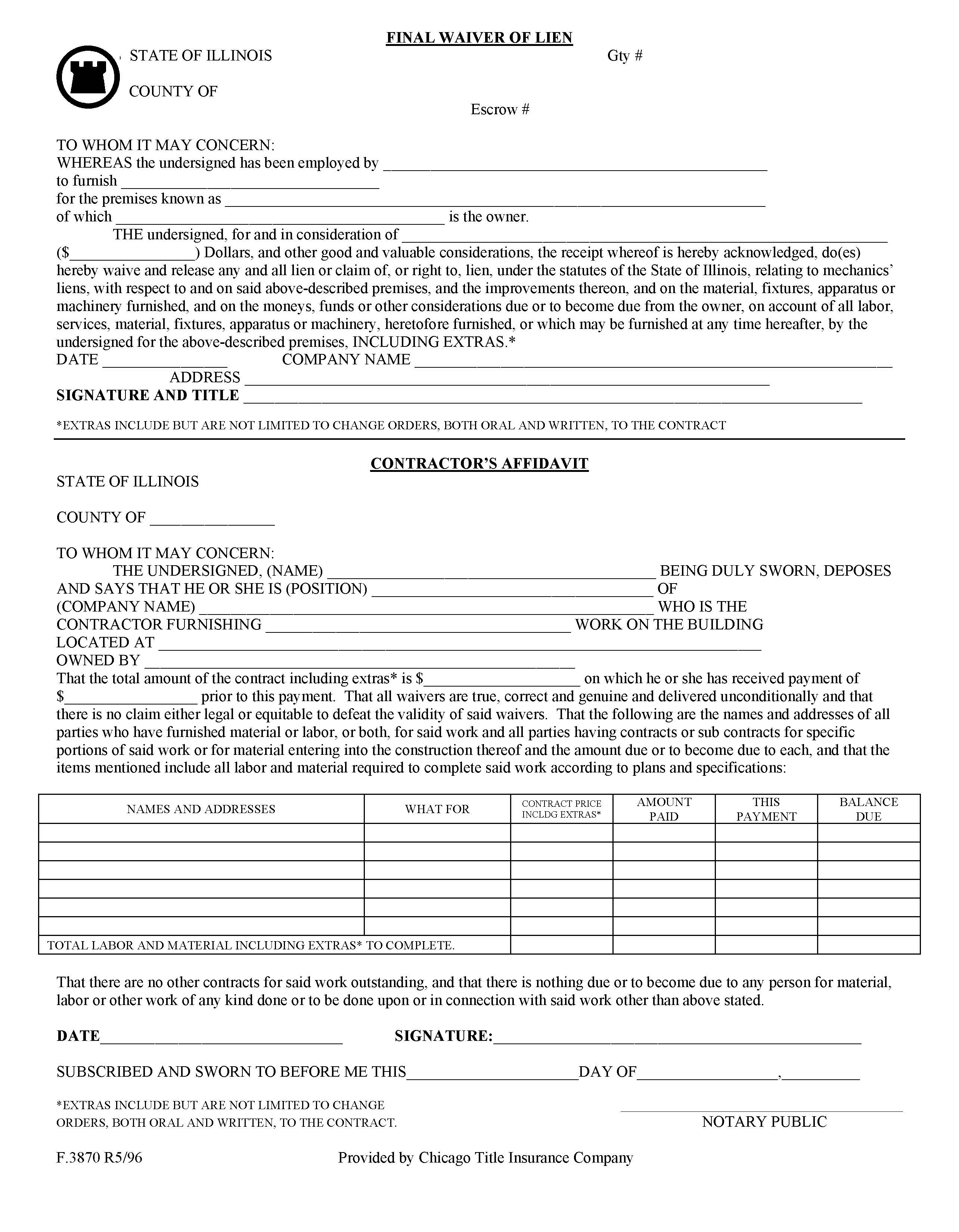 Illinois Final Waiver of Lien form with Contractor's Affidavit