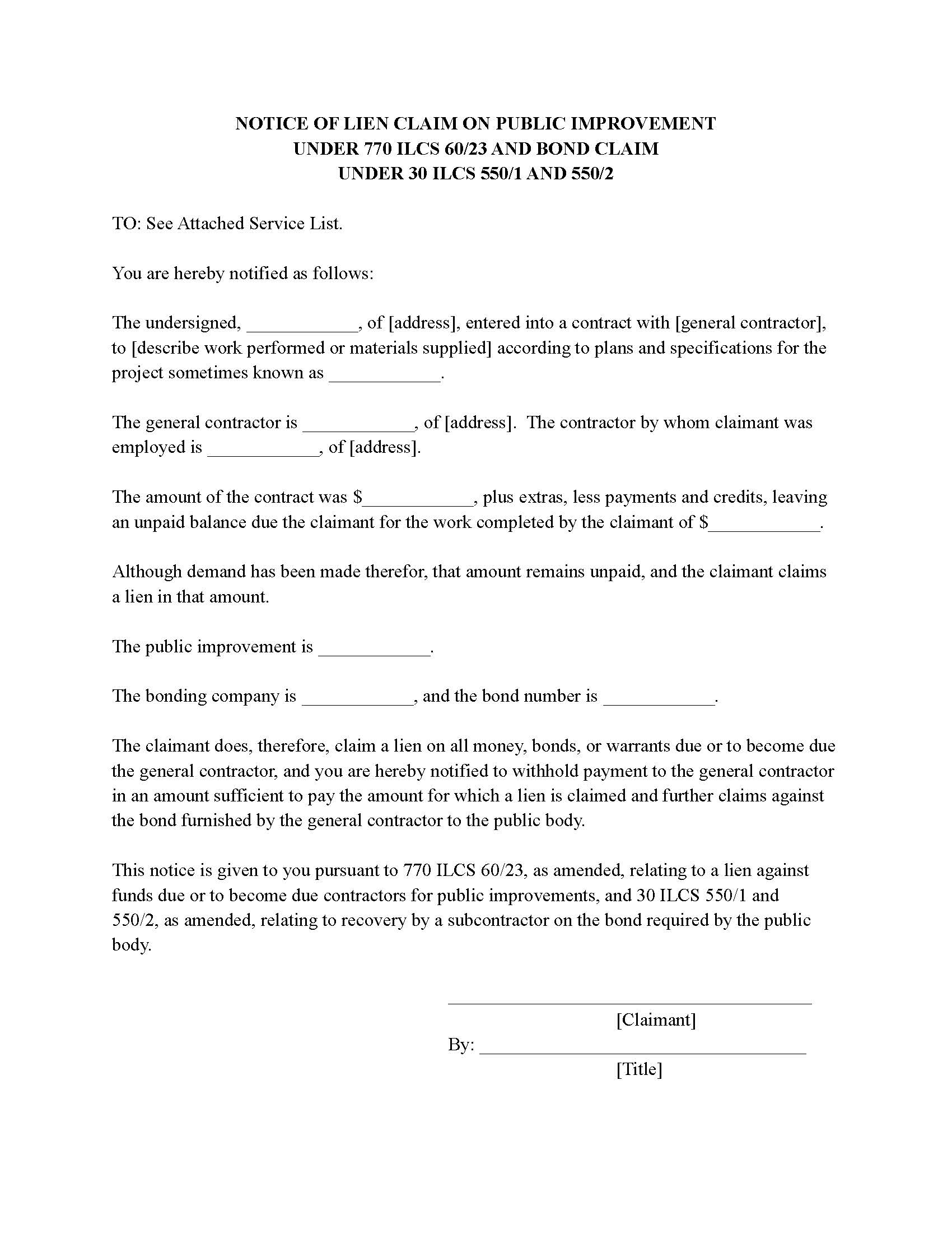 Notice of Lien Claim on Public Improvement and Bond Claim form