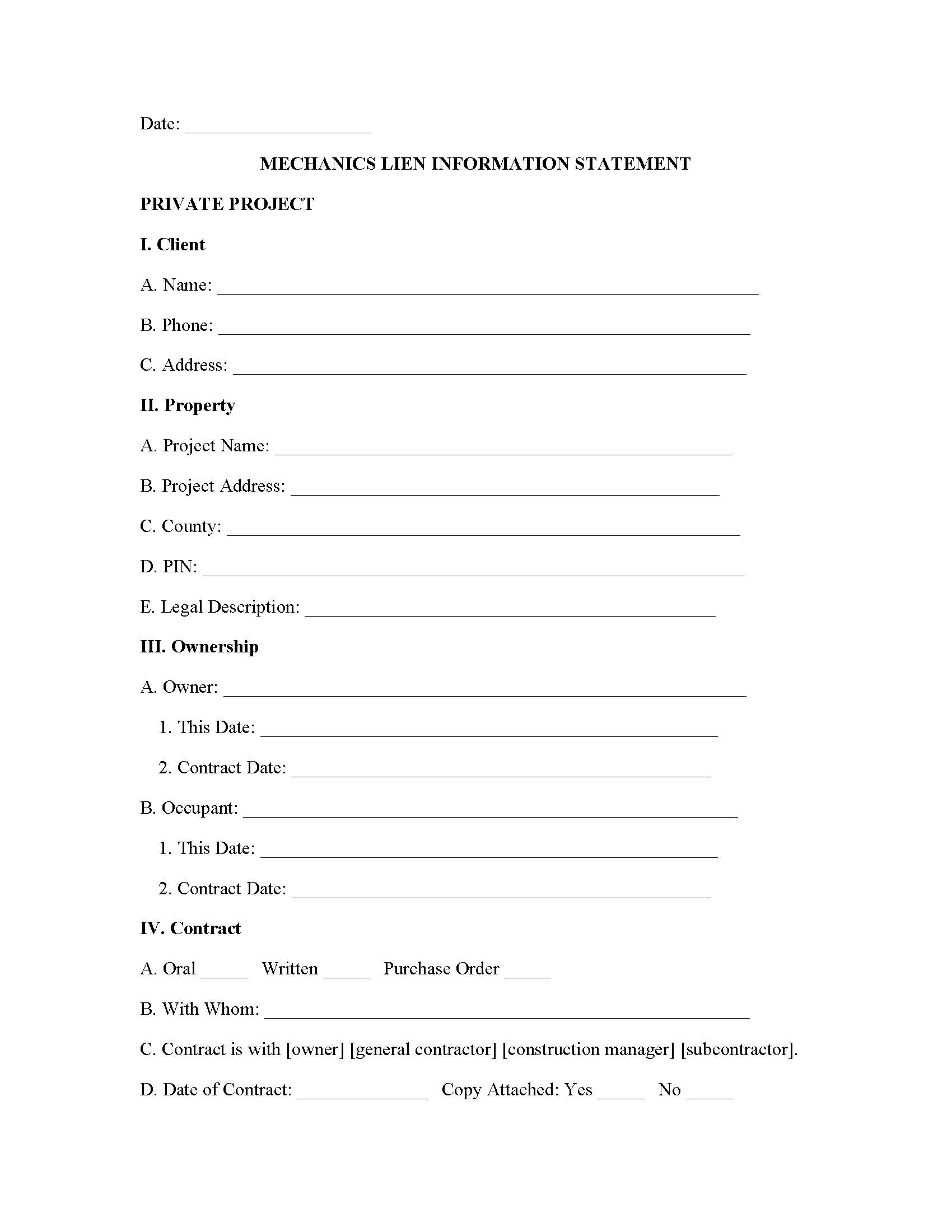 Mechanic Lien Information Statement - Page 1