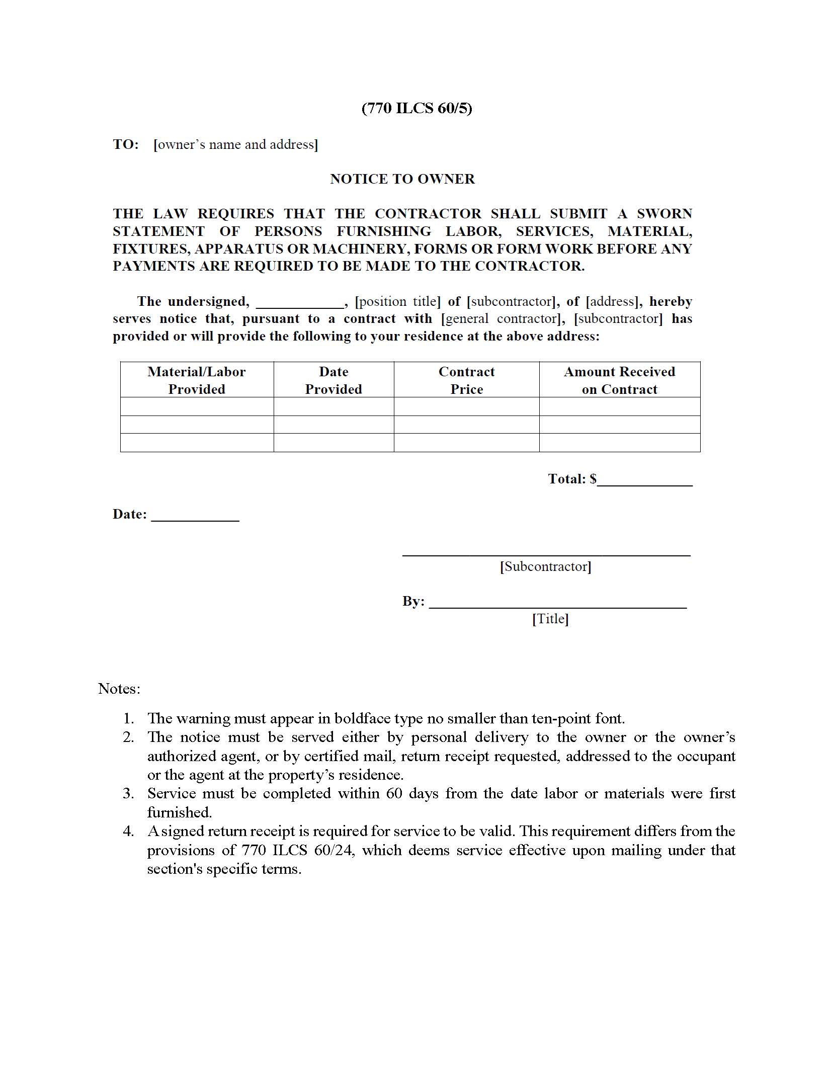 Subcontractor's Notice to Owner form for owner-occupied, single-family residence